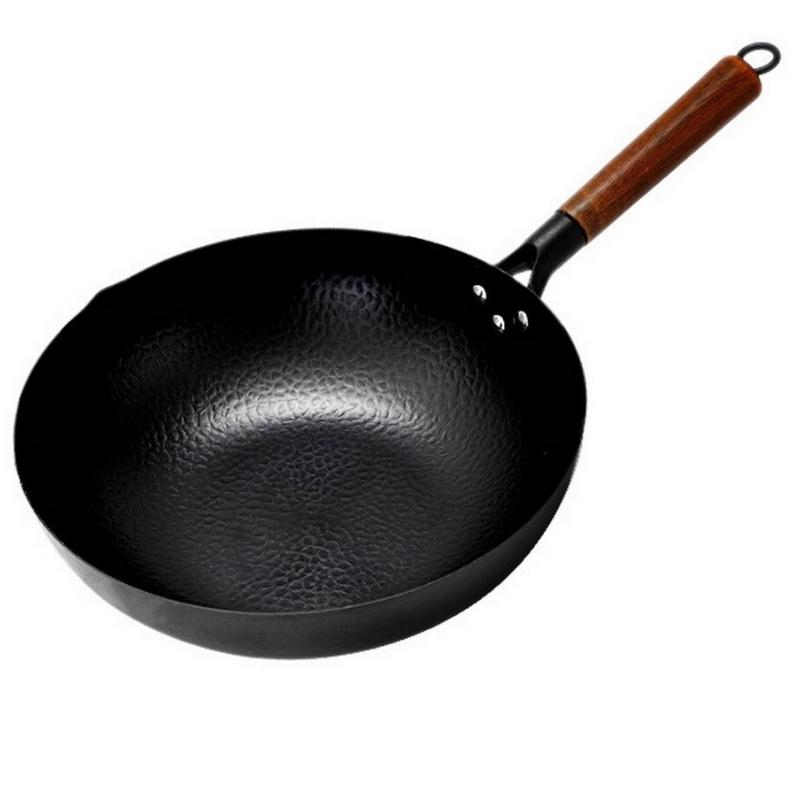 Chinse Handmade Iron Wok,Chinese Traditional Iron Wok,No  Chemical,Non-coating,Cooking Iron Wok,Wooden Handle (Color : 13.3 in)