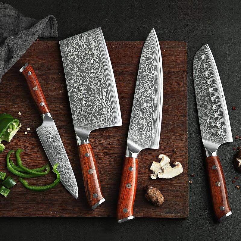 4 Piece Set Damascus Steel Kitchen Knives with Rosewood Handles