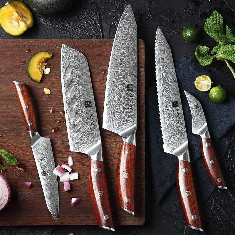 XINZUO 7PC Damascus steel Knife Block Sets, Professional High Carbon Steel  Chef Knife Santoku Slicing Utility Fruit Knife with Multifunctional Kitchen