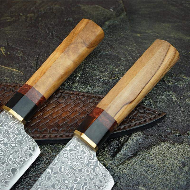 Handmade Chef Knife Santoku Damascus Olive Wood & Dark wood Handle with  Leather Sheath – White Hills Knives