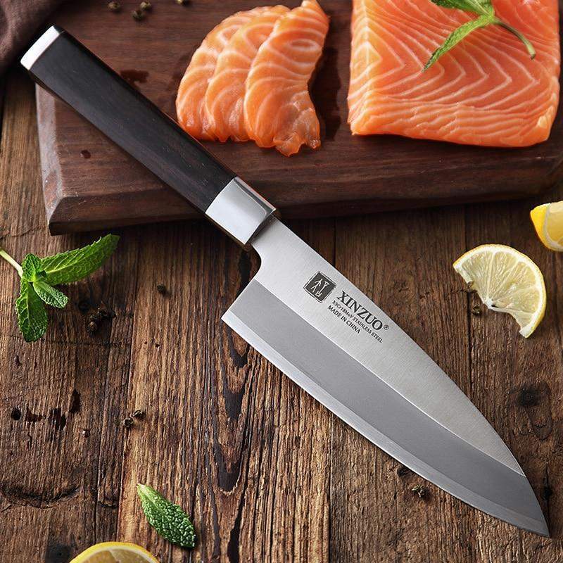 7 inch Pro Japanese Right Handed Deba Knife with Ebony Wooden Handles and Scabbard - TOROS - COOKWARE BAKEWARE & GRILL STORE