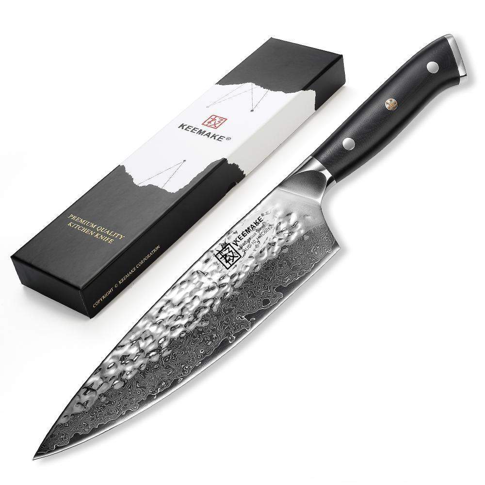 KEEMAKE Damascus chef Knife 65 Inch, gyutou Knife with Hammered Damascus  Steel AUS-10 Blade Kitchen