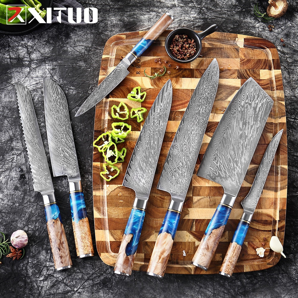 Chef Cleaver Santoku Utility Boning Bread Knife Set Damascus Steel Resin  Handle
