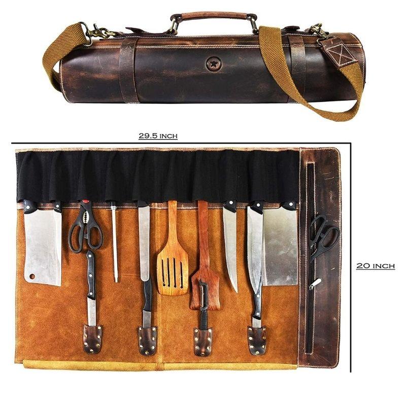 Chef's Knife Roll, 10 Pocket Canvas and Leather Knife Bag