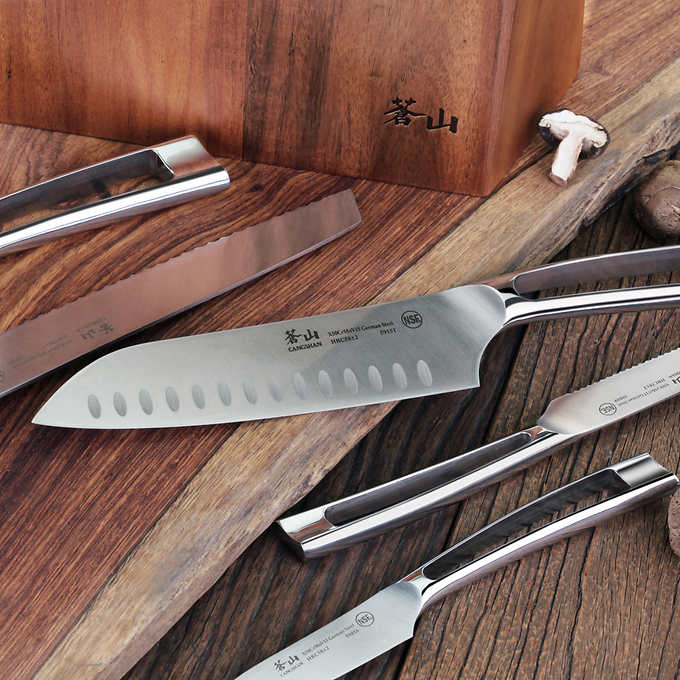 Knife Set German Steel Natural Wood Mirror Blade Kitchen Knives Chef  Santoku 3Pc