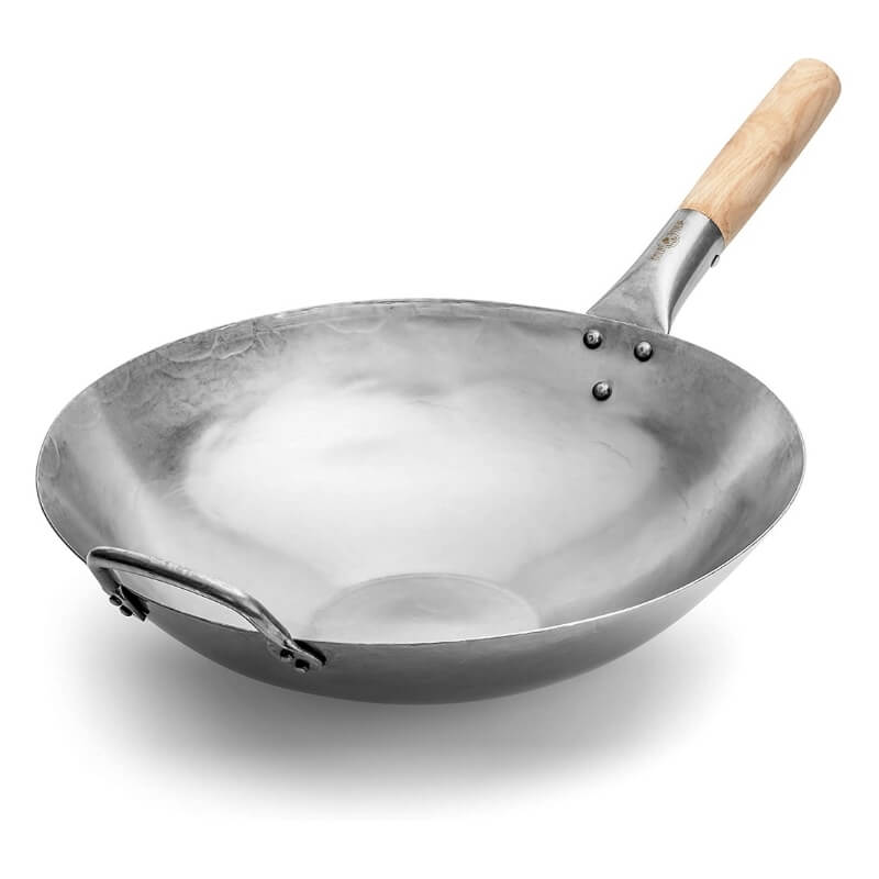 14 inch Flat Bottom Carbon Steel Hand Hammered Wok with a Wooden and Helper Handles
