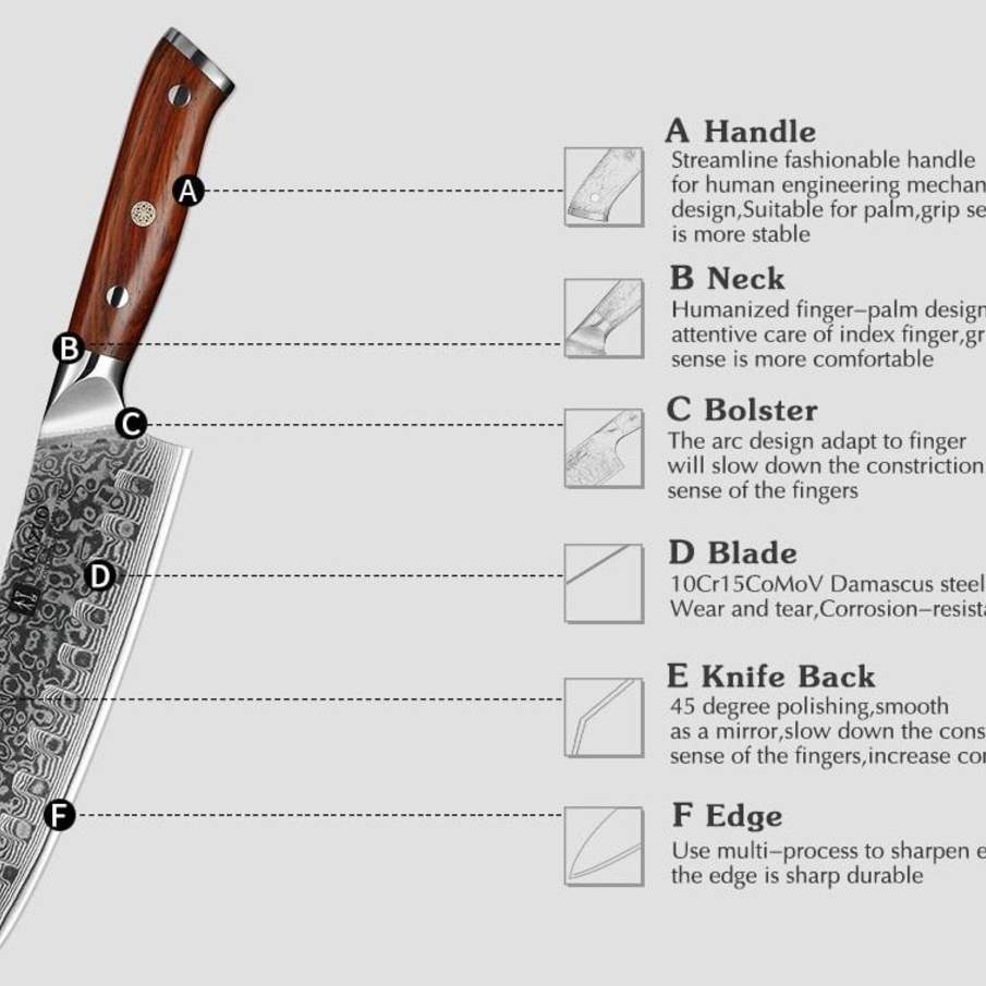 Damascus Chef Knives with Rosewood Handles – 5 Knife Set