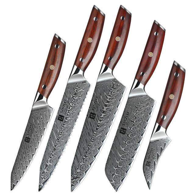 5 Piece Damascus Steel Complete Chef Knives Set with Rosewood Handles - TOROS - COOKWARE BAKEWARE & GRILL STORE