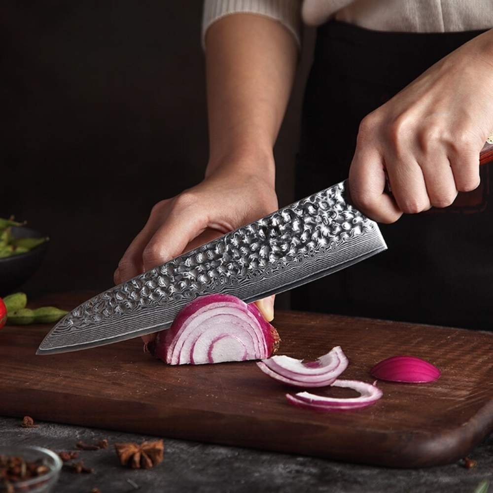 Chef Utility Santoku Knife Set 67 Layers Damascus Steel Wood Handle  Hammered Cut