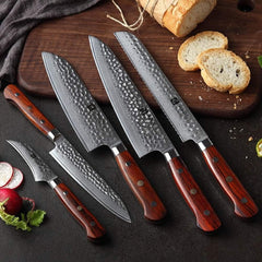 5 Pieces Damascus steel Hammered kitchen knife set, 2 tone Yellow