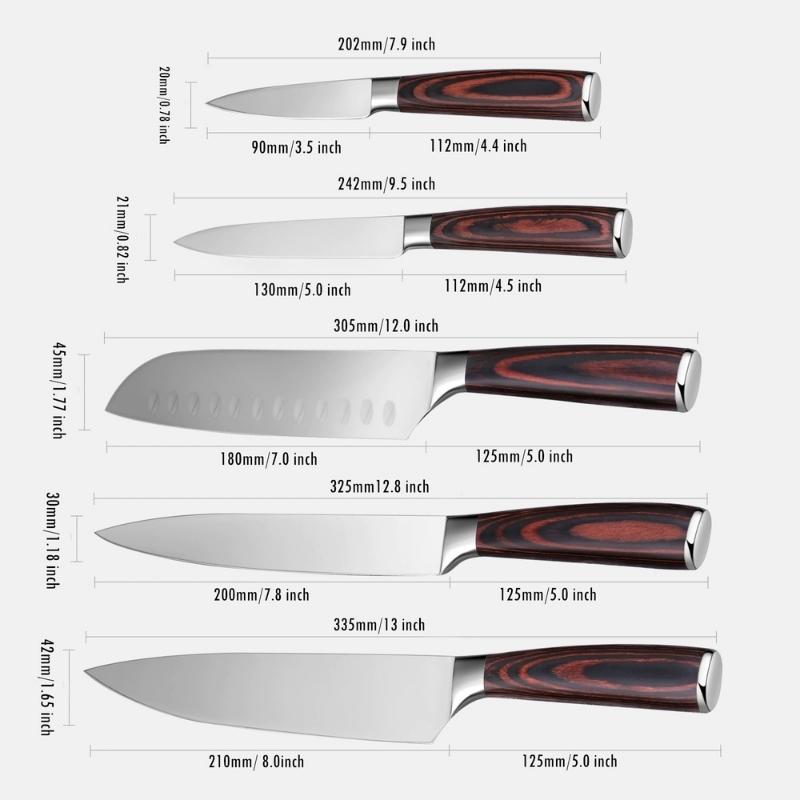 5 Pieces Complete Pro 7CR17Mov Stainless Steel Kitchen Knives Set