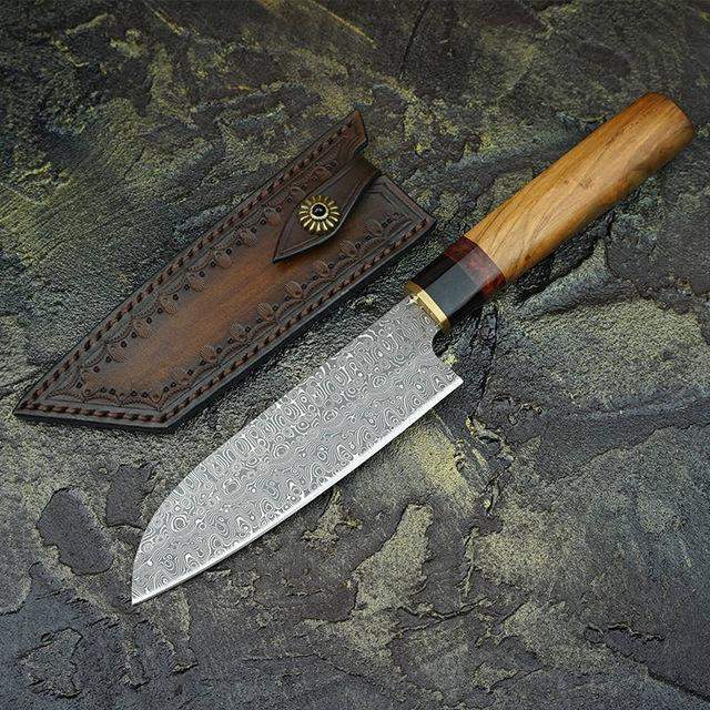 5.6" Cloud Pattern Damascus Steel Japanese Santoku Knife with Handmade Leather Sheath - TOROS - COOKWARE BAKEWARE & GRILL STORE