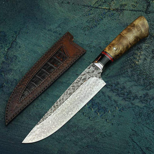 Chef Knife 8.5″ Damascus Steel Kitchen Knife Leather Sheath Home Cookin  Tools