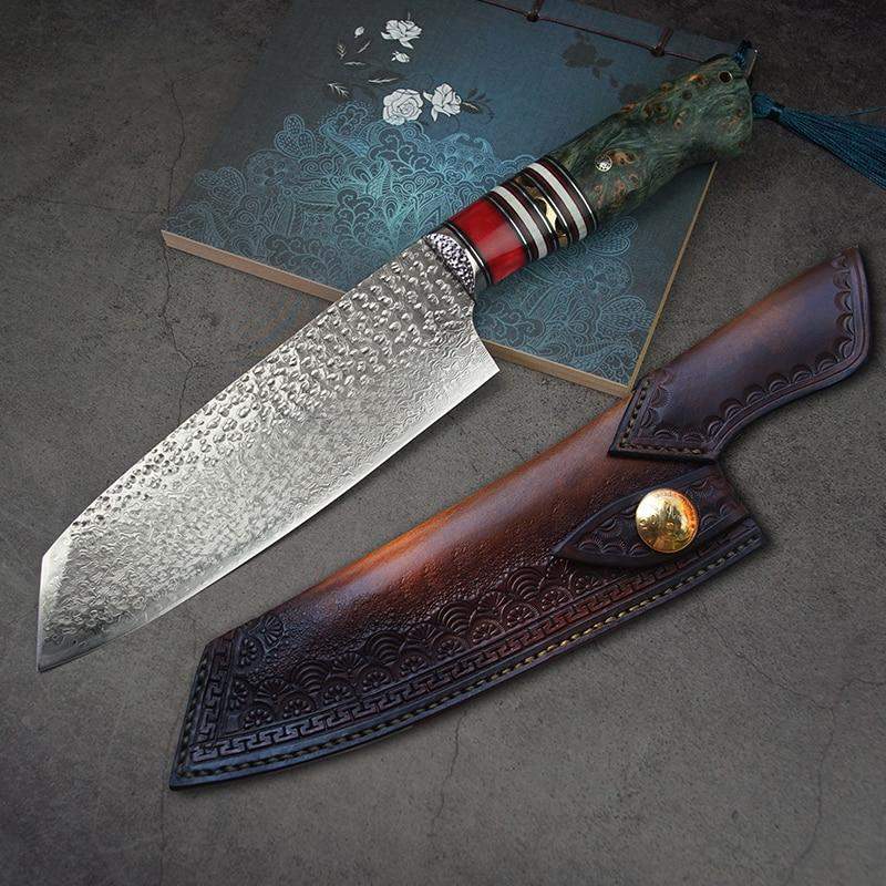 7" Japanese Tanto Point Damascus VG10 Santoku Chef's Knife Carved Leather Sheath - TOROS - COOKWARE BAKEWARE & GRILL STORE