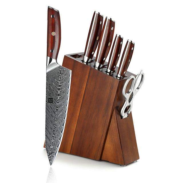 XINZUO 7PC Damascus steel Knife Block Sets, Professional High Carbon Steel  Chef Knife Santoku Slicing Utility Fruit Knife with Multifunctional Kitchen