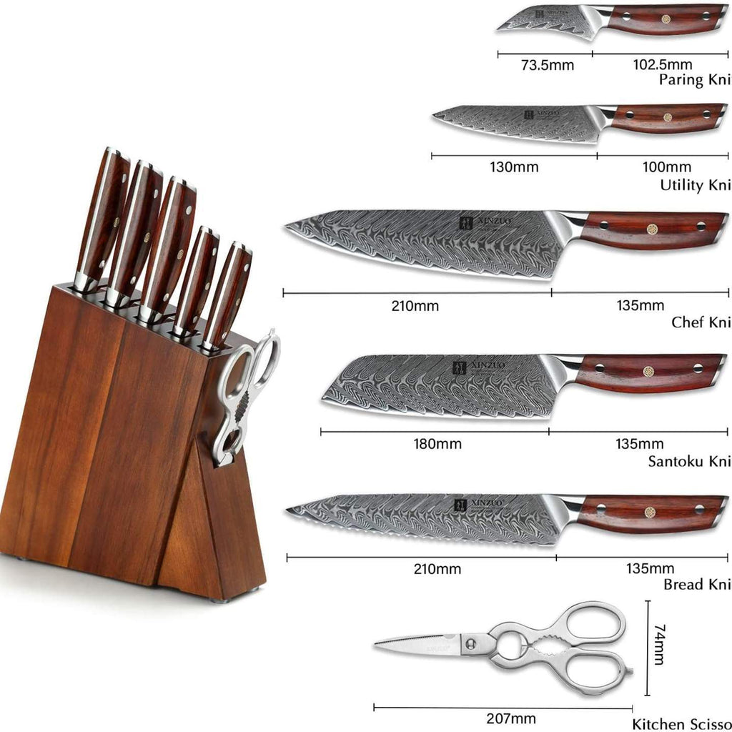 7 Piece Damascus Steel Professional Kitchen Knives Set with Rosewood  Handles & Acacia Knife Block