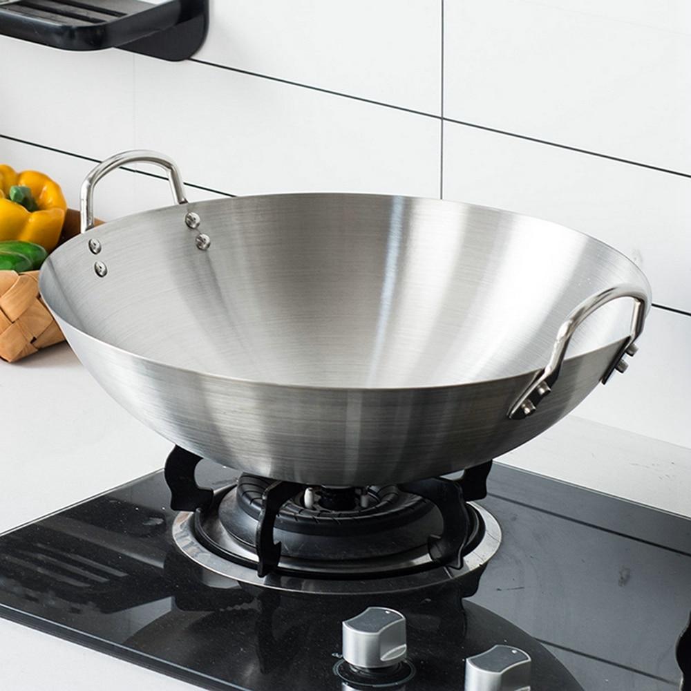 Round Deep Bottom Wok Double- Eared Wok Stainless Steel Wok Pan