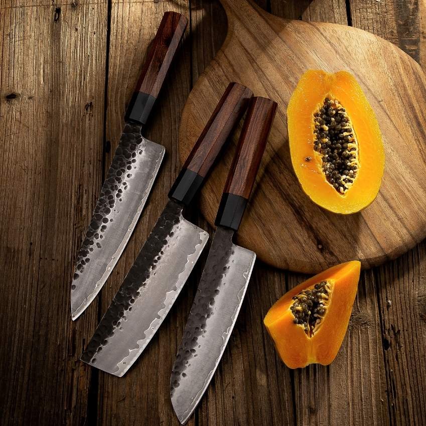 Kitchen Knives Japanese Chef Knife Set 7CR17 High Carbon Steel Full Tang  Hammered Non-Stick Santoku
