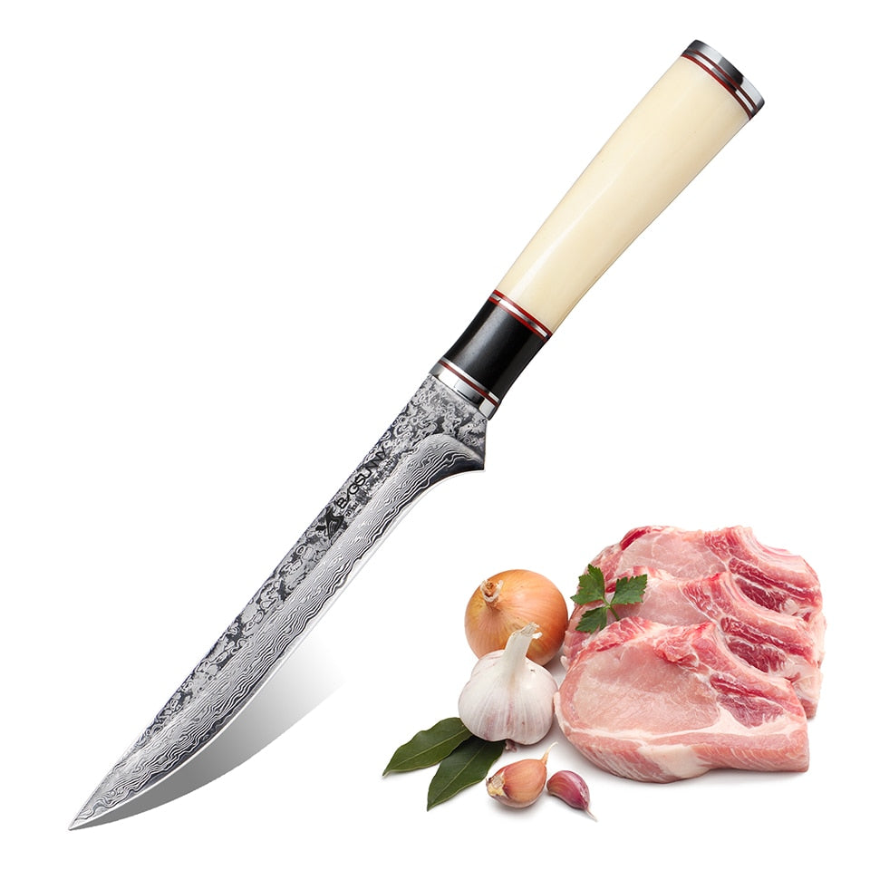 6 inch blade handmade supper Damascus steel boning knife with ox bone handle
