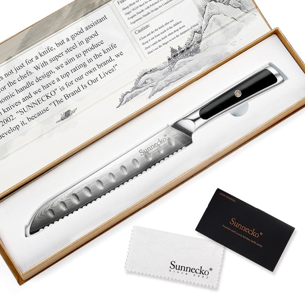 SUNNECKO 8" Bread Knife Gift Box Japanese VG10 Core Damascus Steel Kitchen Knives Razor Sharp Blade G10 Handle