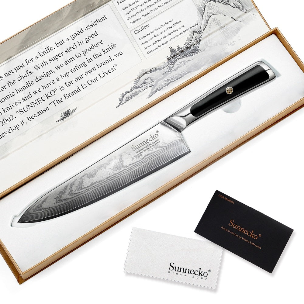 SUNNECKO Professional 8" Damascus Steel Chef Knife Japanese VG10 Core Blade Razor Sharp Kitchen Knives G10 Handle Meat Slicer