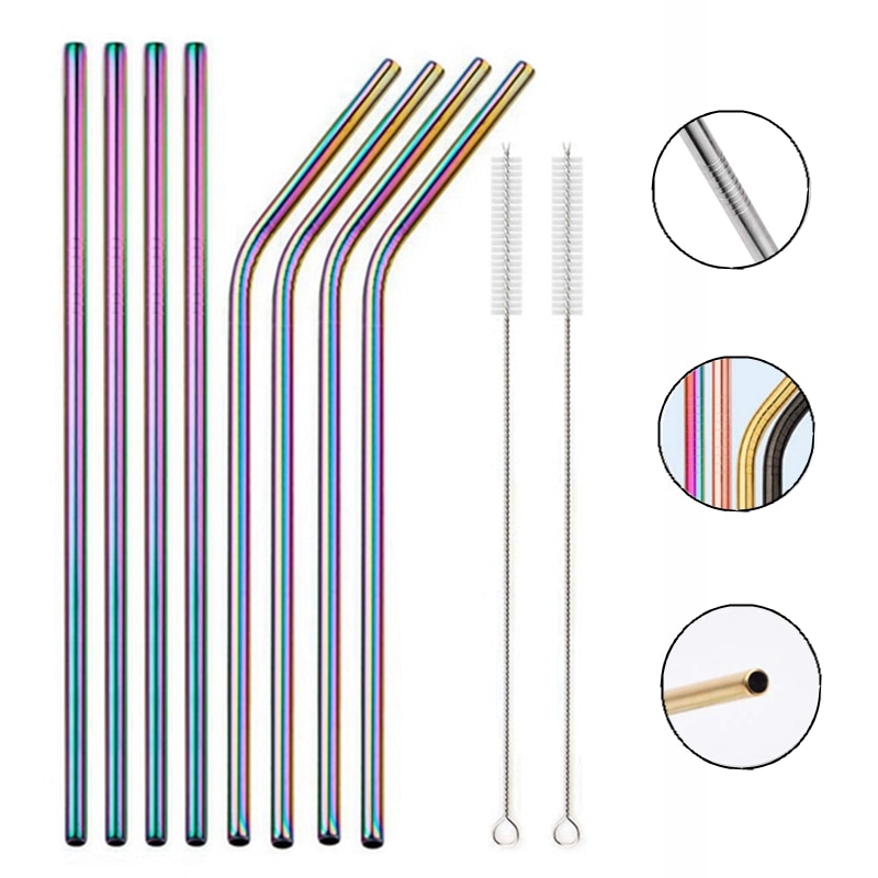 Rainbow Color Reusable Metal Straws Set with Cleaner Brush 304 Stainless Steel Drinking Straw