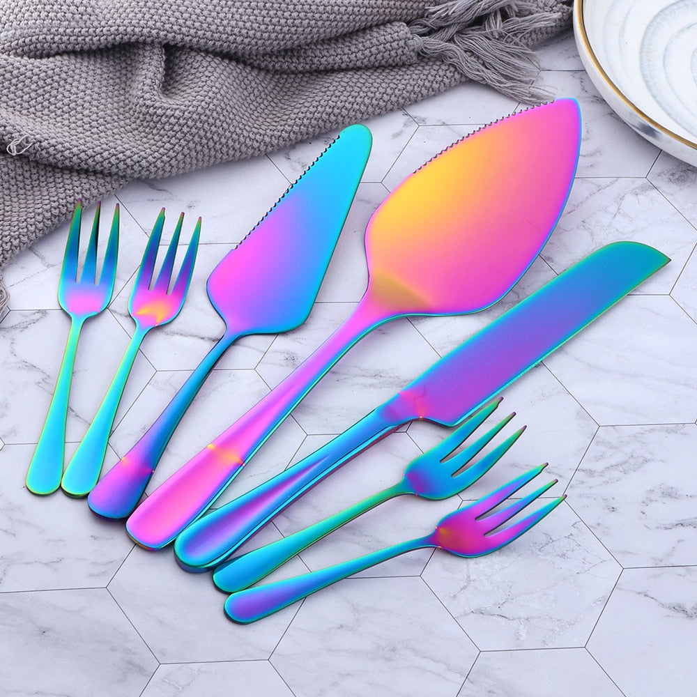 7Pcs Cake Tools, 3 styles of Cake/Pie Serving Knife with 4Pcs Cake Forks Rainbow Stainless Steel
