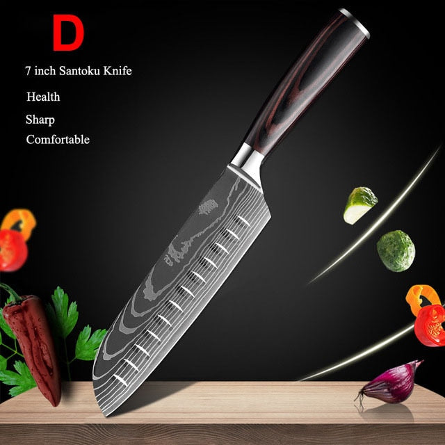 Kitchen Knife Set Chef knife Japanese Santoku Knives Laser Damascus Pattern  Cleaver 7CR17 Stainless Steel Resin Handle Slicing – MYVIT Home