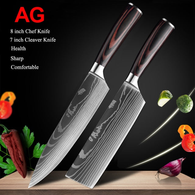 Kitchen Knife Set Japanese Damascus Laser Chef Knives Stainless Steel  Cleaver US